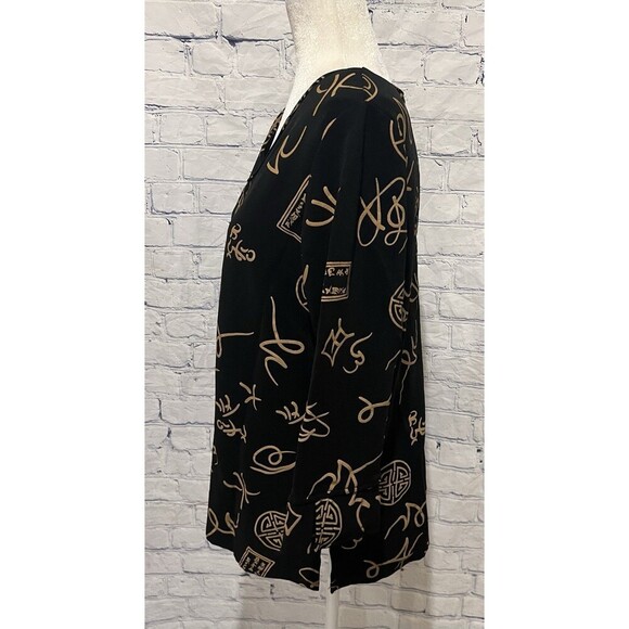 QVC Susan Graver Black Gold Lustra Knit Asian Print 3/4 Sleeve V-neck Tunic Sz L - Picture 3 of 6